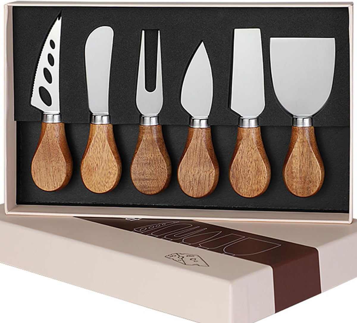 6-Piece Exquisite Cheese Knife Set, Stainless Steel Cheese Knives Spreader Knife Cheese Board Charcuterie Cheese Tools Wooden Handle Stainless Steel Slicer Cheese Knife Gift Set of 6
