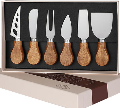 6-Piece Exquisite Cheese Knife Set, Stainless Steel Cheese Knives Spreader Knife Cheese Board Charcuterie Cheese Tools Wooden Handle Stainless Steel Slicer Cheese Knife Gift Set of 6