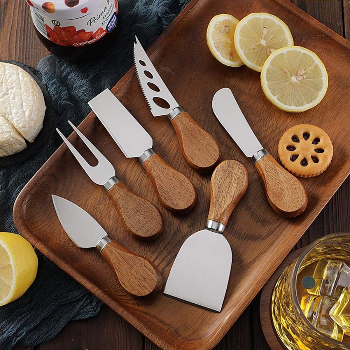 6-Piece Exquisite Cheese Knife Set, Stainless Steel Cheese Knives Spreader Knife Cheese Board Charcuterie Cheese Tools Wooden Handle Stainless Steel Slicer Cheese Knife Gift Set of 6