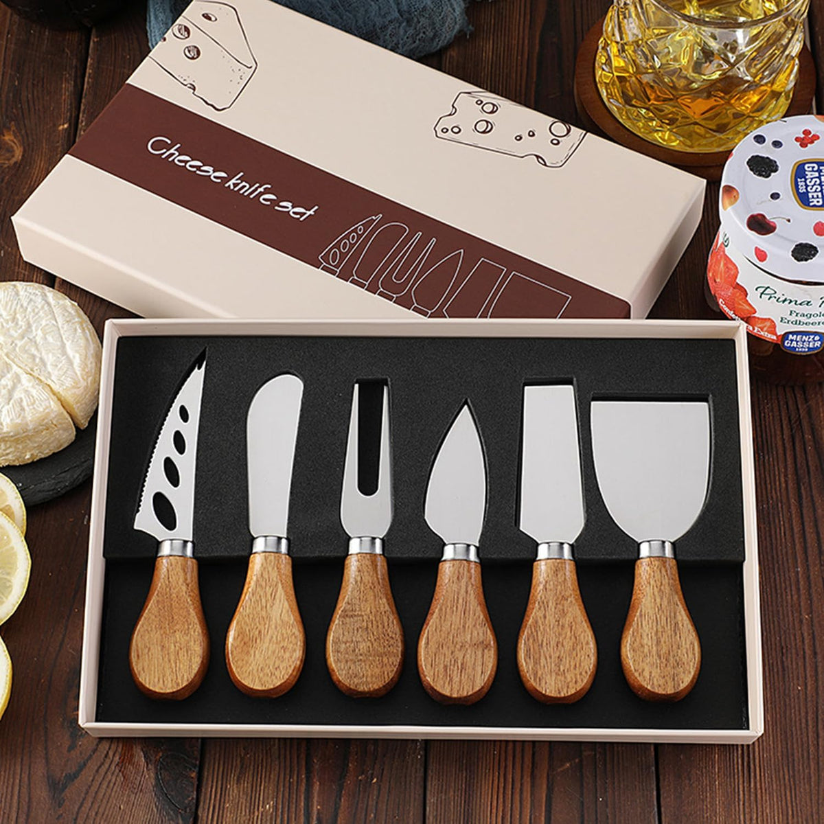 6-Piece Exquisite Cheese Knife Set, Stainless Steel Cheese Knives Spreader Knife Cheese Board Charcuterie Cheese Tools Wooden Handle Stainless Steel Slicer Cheese Knife Gift Set of 6