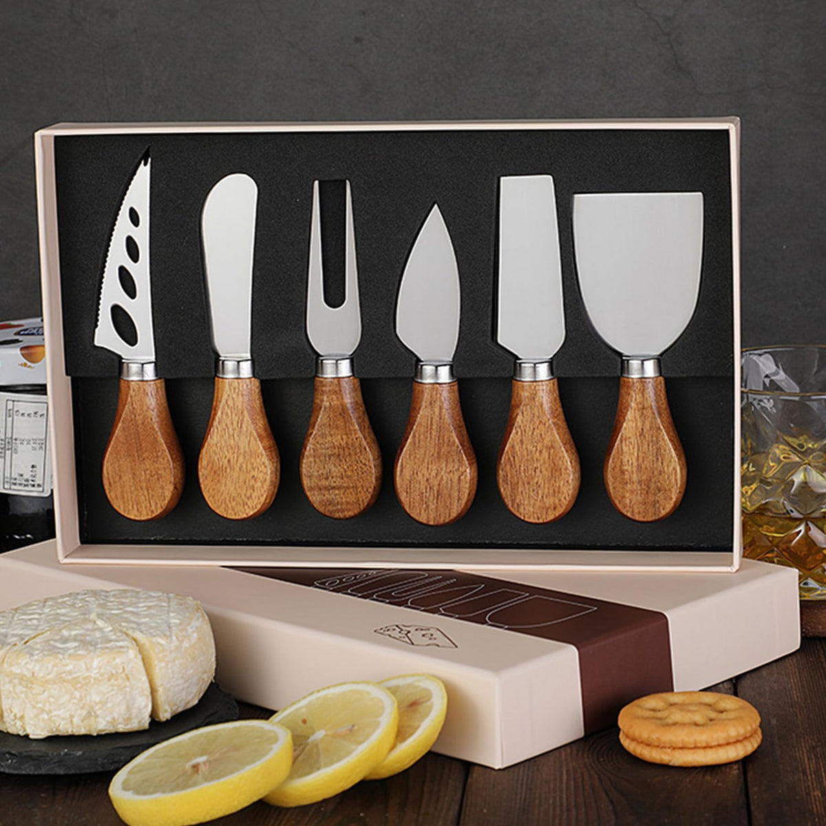 6-Piece Exquisite Cheese Knife Set, Stainless Steel Cheese Knives Spreader Knife Cheese Board Charcuterie Cheese Tools Wooden Handle Stainless Steel Slicer Cheese Knife Gift Set of 6