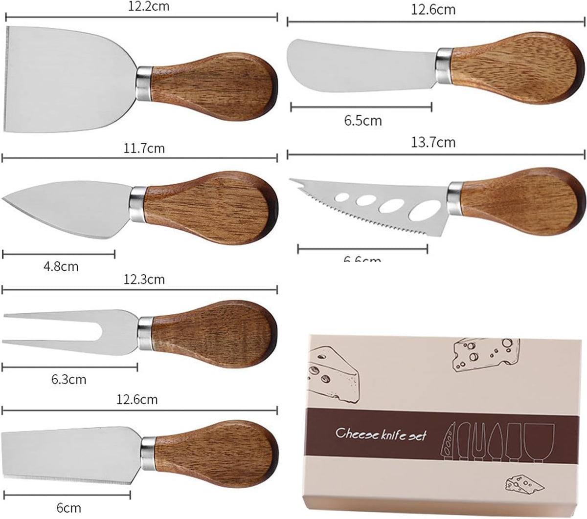 6-Piece Exquisite Cheese Knife Set, Stainless Steel Cheese Knives Spreader Knife Cheese Board Charcuterie Cheese Tools Wooden Handle Stainless Steel Slicer Cheese Knife Gift Set of 6