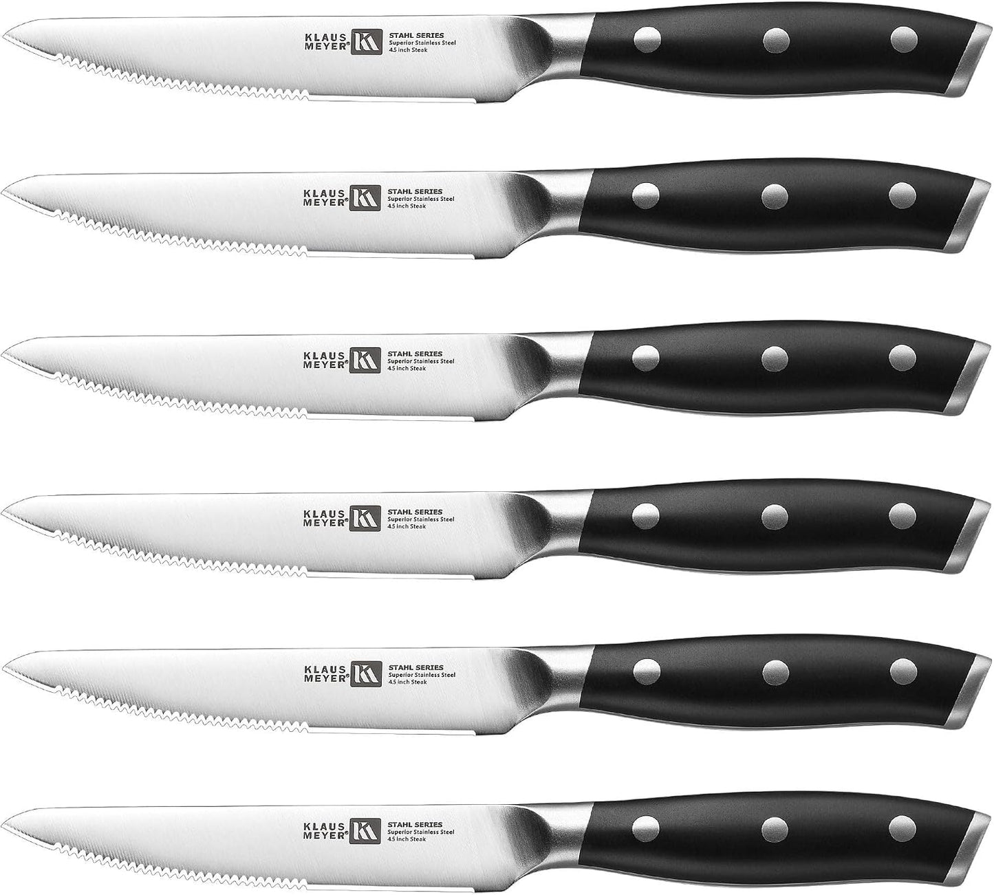 Stahl 4.5 Inch Steak Knives Set of 6 (Black) | High Carbon German Steel Forged, Full Tang, Ergonomic Handle, 15 Degree Bevel, Half Serrated Blade, Ultra Sharp and Clean Cut