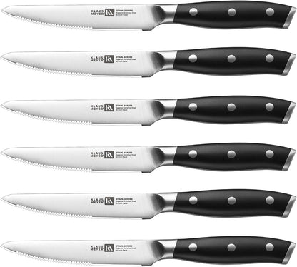 Stahl 4.5 Inch Steak Knives Set of 6 (Black) | High Carbon German Steel Forged, Full Tang, Ergonomic Handle, 15 Degree Bevel, Half Serrated Blade, Ultra Sharp and Clean Cut