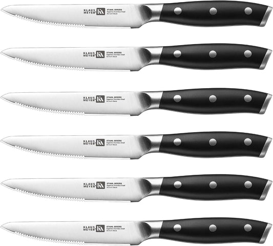 Stahl 4.5 Inch Steak Knives Set of 6 (Black) | High Carbon German Steel Forged, Full Tang, Ergonomic Handle, 15 Degree Bevel, Half Serrated Blade, Ultra Sharp and Clean Cut