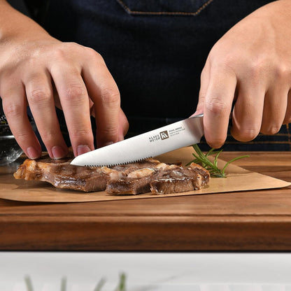 Stahl 4.5 Inch Steak Knives Set of 6 (Black) | High Carbon German Steel Forged, Full Tang, Ergonomic Handle, 15 Degree Bevel, Half Serrated Blade, Ultra Sharp and Clean Cut