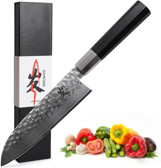 Santoku Chef Knife - 7 Inch Professional Japanese Knife - 67 Layers Damascus High Carbon Stainless Steel Hammered Damascus Kitchen Knife - Ergonomic Octagonal Ebony Handle with Gift Box