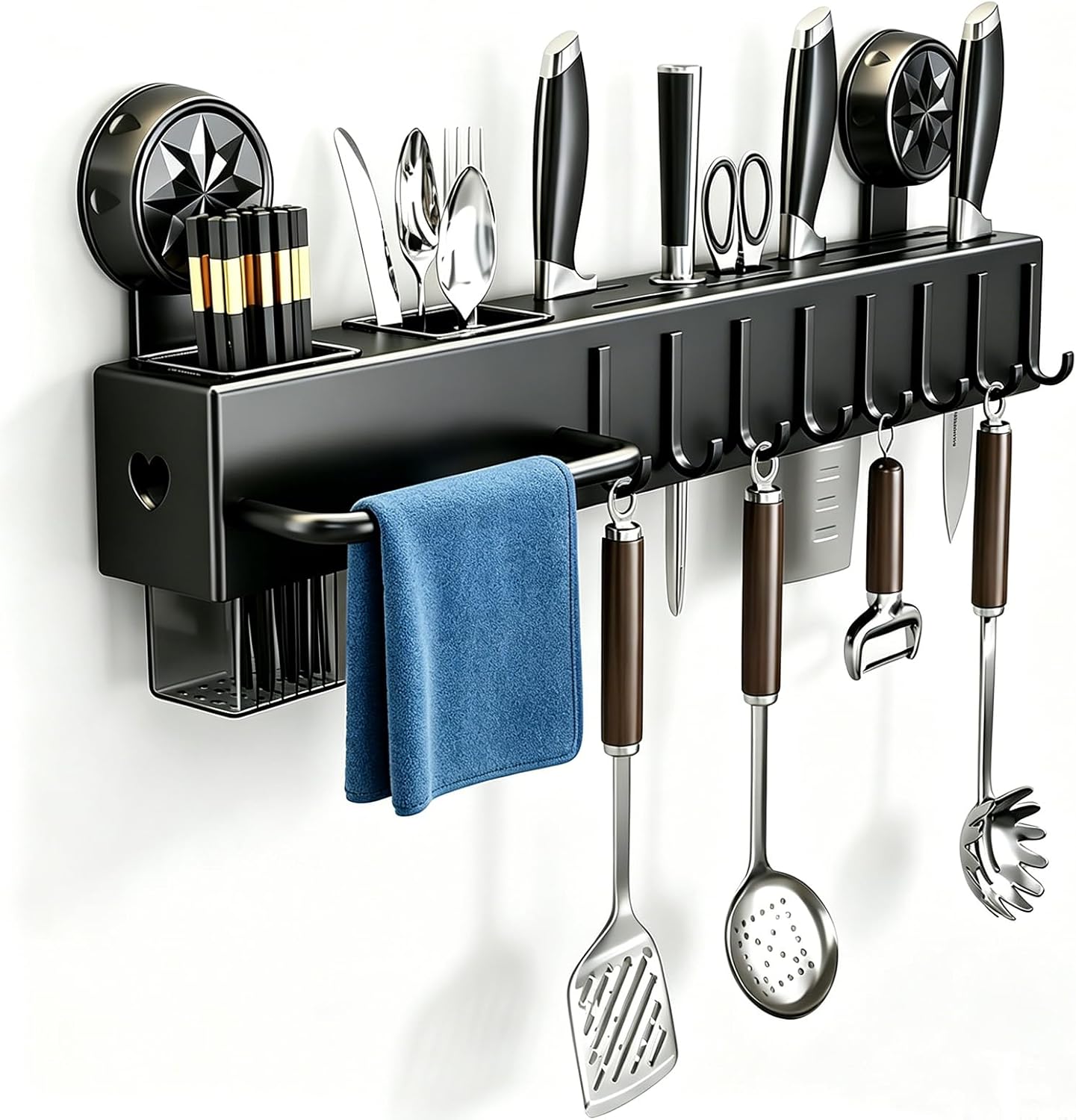 19.7" Drill-Free Wall-Mounted Knife Holde, Black | Carbon Steel Knife Rack with Self-Adhesive, Space Saving Utensil Organizer with Hooks & Hanging Bar, for Scissors, Spatulack