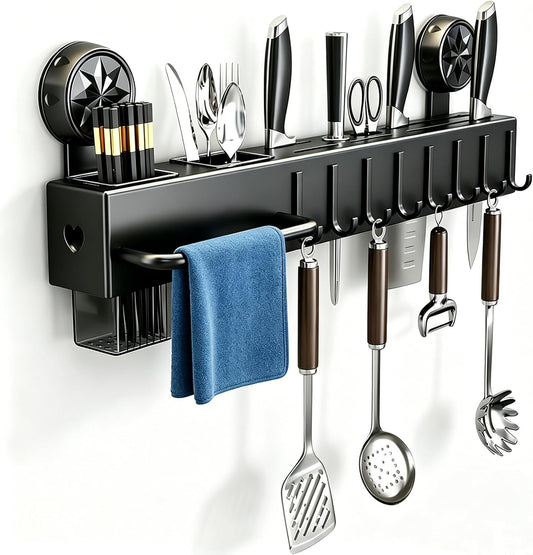 19.7" Drill-Free Wall-Mounted Knife Holde, Black | Carbon Steel Knife Rack with Self-Adhesive, Space Saving Utensil Organizer with Hooks & Hanging Bar, for Scissors, Spatulack