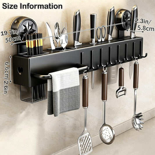 19.7" Drill-Free Wall-Mounted Knife Holde, Black | Carbon Steel Knife Rack with Self-Adhesive, Space Saving Utensil Organizer with Hooks & Hanging Bar, for Scissors, Spatulack
