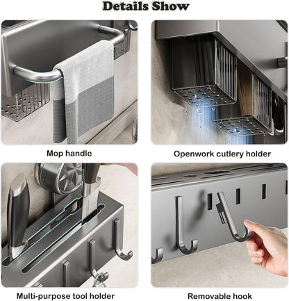 19.7" Drill-Free Wall-Mounted Knife Holde, Black | Carbon Steel Knife Rack with Self-Adhesive, Space Saving Utensil Organizer with Hooks & Hanging Bar, for Scissors, Spatulack