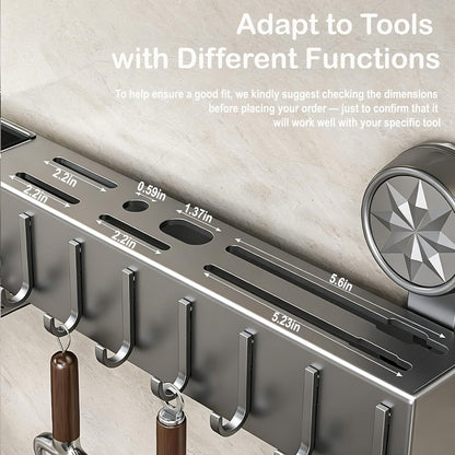 19.7" Drill-Free Wall-Mounted Knife Holde, Black | Carbon Steel Knife Rack with Self-Adhesive, Space Saving Utensil Organizer with Hooks & Hanging Bar, for Scissors, Spatulack