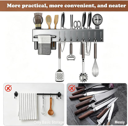 19.7" Drill-Free Wall-Mounted Knife Holde, Black | Carbon Steel Knife Rack with Self-Adhesive, Space Saving Utensil Organizer with Hooks & Hanging Bar, for Scissors, Spatulack