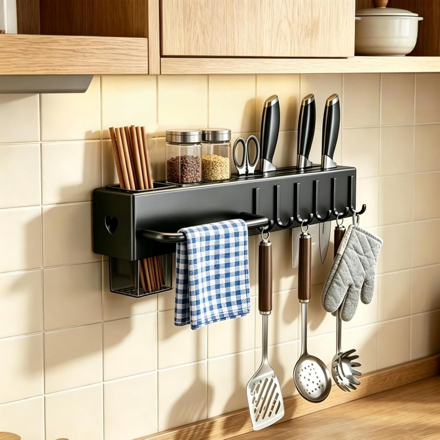 19.7" Drill-Free Wall-Mounted Knife Holde, Black | Carbon Steel Knife Rack with Self-Adhesive, Space Saving Utensil Organizer with Hooks & Hanging Bar, for Scissors, Spatulack