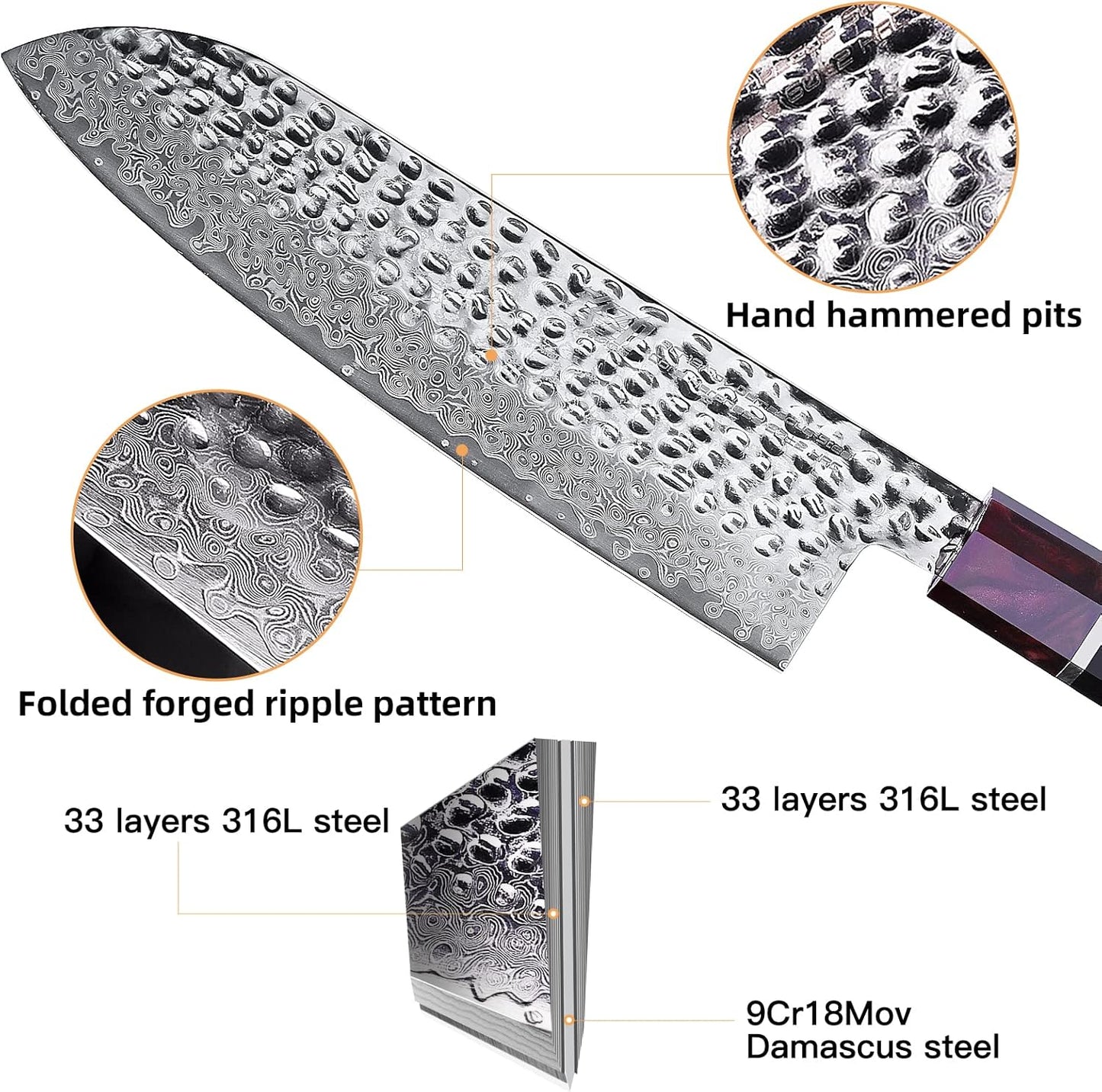 7 Inch Japanese Nakiri Knife with ABS sheath, Professional Vegetable Cleaver, Damascus Steel Blade, Resin Octagonal Handle, for Shredding, Slicing, Mincing (Eternity Series)
