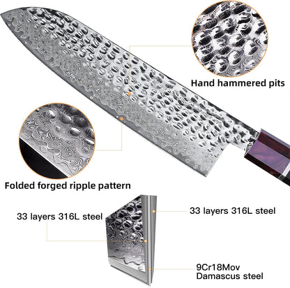 7 Inch Japanese Nakiri Knife with ABS sheath, Professional Vegetable Cleaver, Damascus Steel Blade, Resin Octagonal Handle, for Shredding, Slicing, Mincing (Eternity Series)