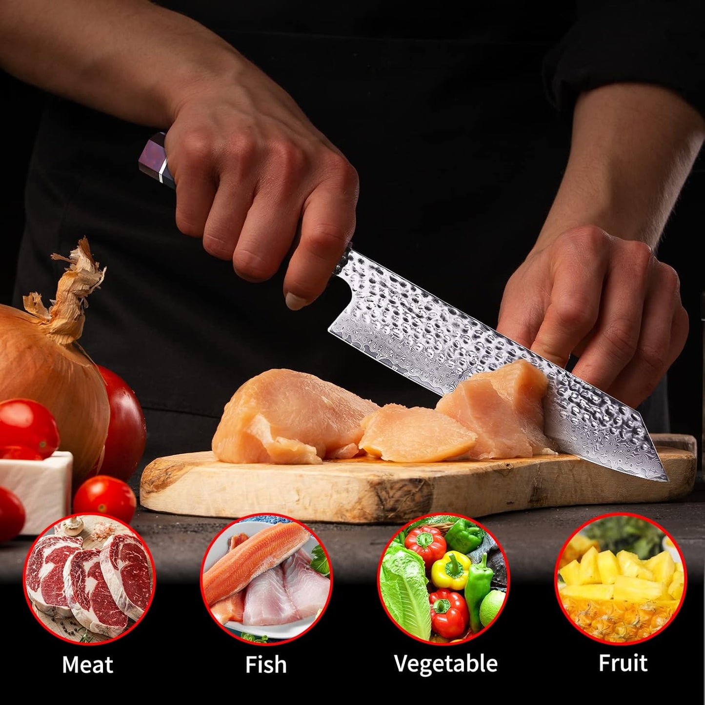 7 Inch Japanese Nakiri Knife with ABS sheath, Professional Vegetable Cleaver, Damascus Steel Blade, Resin Octagonal Handle, for Shredding, Slicing, Mincing (Eternity Series)