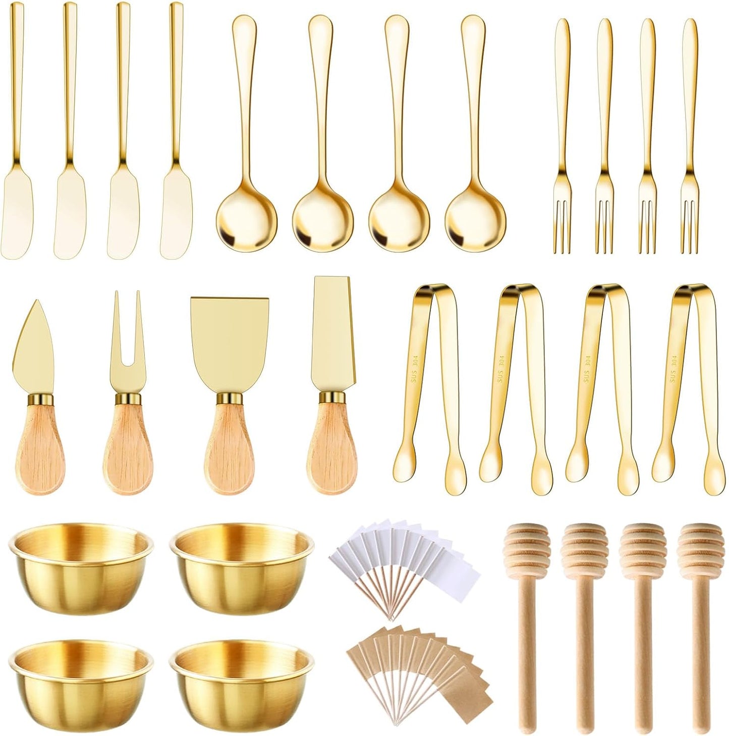 48 Pcs Charcuterie Boards Accessories Butter Spreader Knives Set Stainless Steel Cheese Mini Serving Tongs Spoons Forks Dipping Bowls Toothpick Flags Utensils for Pastry Making Wedding Christmas(Gold)