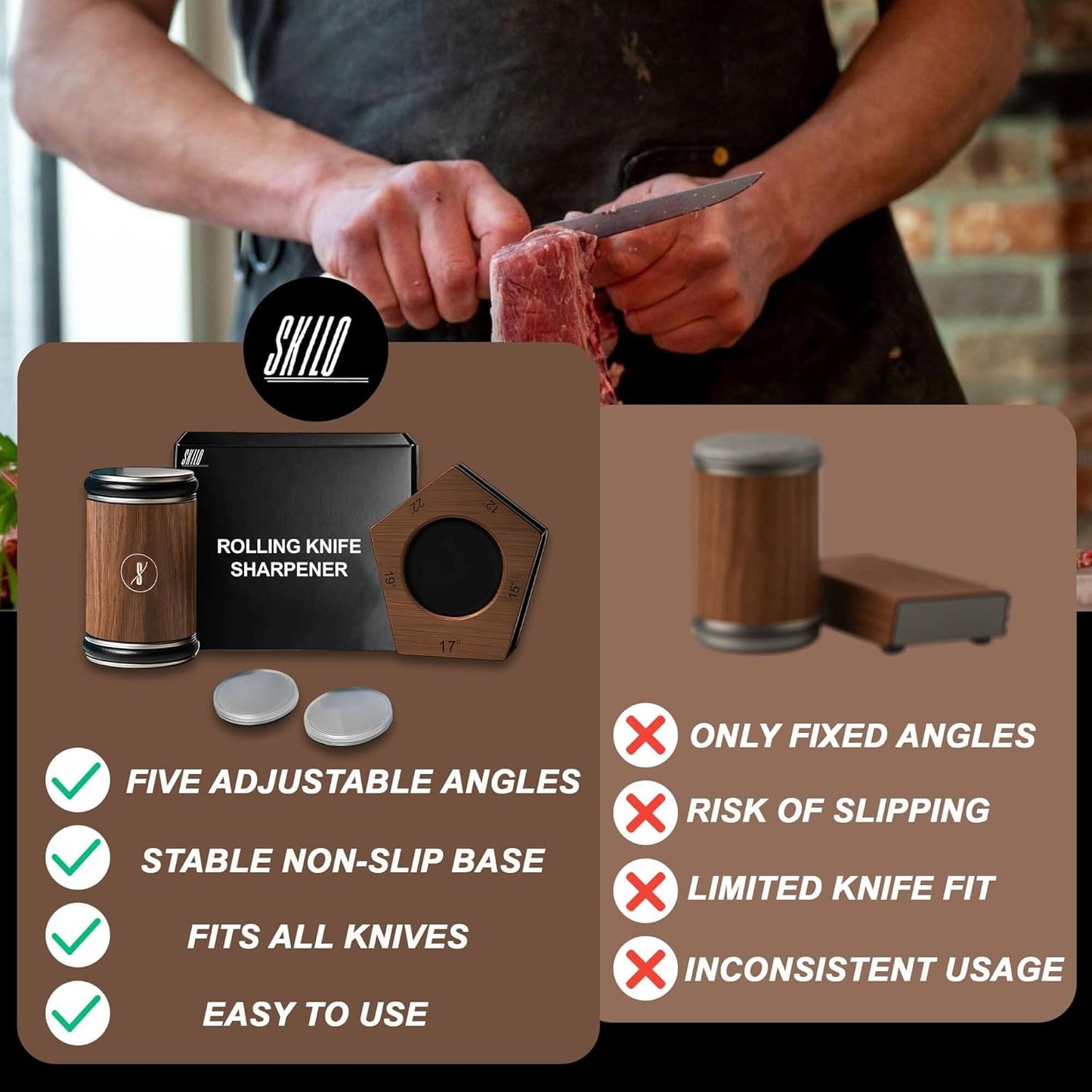 Rolling Knife Sharpener Made of Black American Walnut - Tumbler Knife Sharpener Knife Sharpening With Diamonds & Ceramic for Steel of Any Hardness With Magnetic Angle