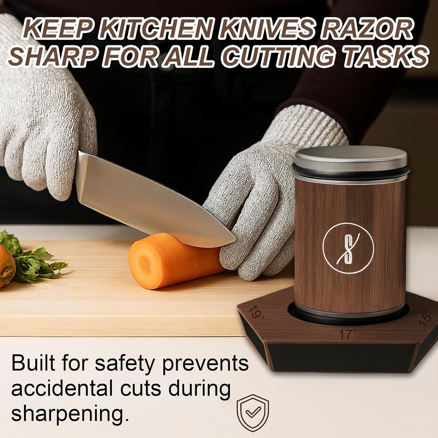 Rolling Knife Sharpener Made of Black American Walnut - Tumbler Knife Sharpener Knife Sharpening With Diamonds & Ceramic for Steel of Any Hardness With Magnetic Angle