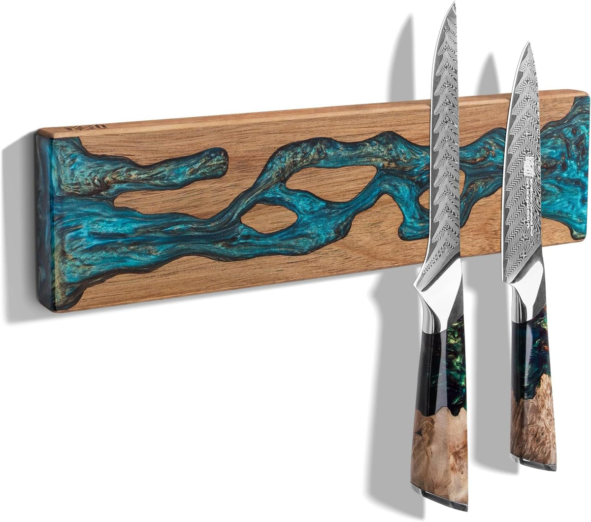 Magnetic Knife Strip for Wall, Solid Acacia Wood with Mineral Blue Resin Inlay, Wall-Mounted Knife Holder with Strong Magnetic Hold, No-Drill Adhesive Mount (12 Inch)