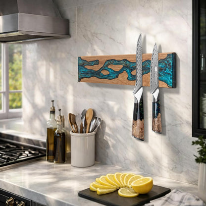 Magnetic Knife Strip for Wall, Solid Acacia Wood with Mineral Blue Resin Inlay, Wall-Mounted Knife Holder with Strong Magnetic Hold, No-Drill Adhesive Mount (12 Inch)