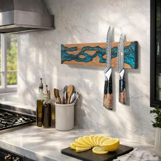 Magnetic Knife Strip for Wall, Solid Acacia Wood with Mineral Blue Resin Inlay, Wall-Mounted Knife Holder with Strong Magnetic Hold, No-Drill Adhesive Mount (12 Inch)