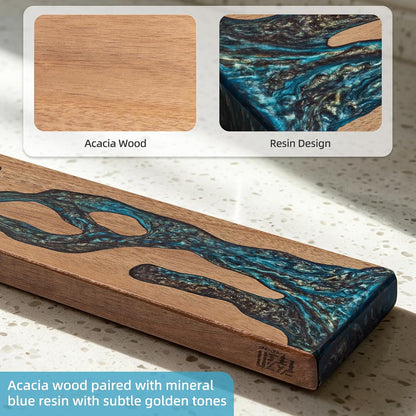 Magnetic Knife Strip for Wall, Solid Acacia Wood with Mineral Blue Resin Inlay, Wall-Mounted Knife Holder with Strong Magnetic Hold, No-Drill Adhesive Mount (12 Inch)