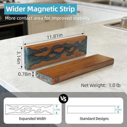 Magnetic Knife Strip for Wall, Solid Acacia Wood with Mineral Blue Resin Inlay, Wall-Mounted Knife Holder with Strong Magnetic Hold, No-Drill Adhesive Mount (12 Inch)