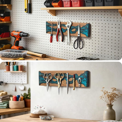 Magnetic Knife Strip for Wall, Solid Acacia Wood with Mineral Blue Resin Inlay, Wall-Mounted Knife Holder with Strong Magnetic Hold, No-Drill Adhesive Mount (12 Inch)