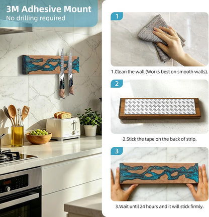 Magnetic Knife Strip for Wall, Solid Acacia Wood with Mineral Blue Resin Inlay, Wall-Mounted Knife Holder with Strong Magnetic Hold, No-Drill Adhesive Mount (12 Inch)