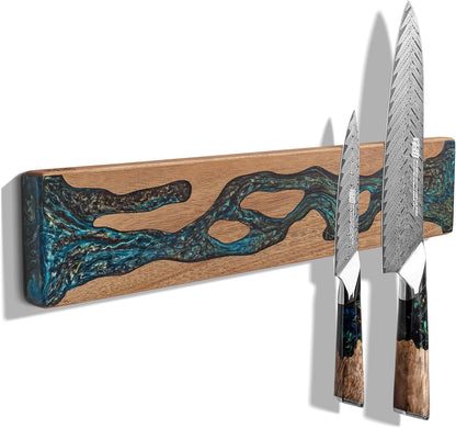 Magnetic Knife Strip for Wall, Solid Acacia Wood with Mineral Blue Resin Inlay, Wall-Mounted Knife Holder with Strong Magnetic Hold, No-Drill Adhesive Mount (12 Inch)