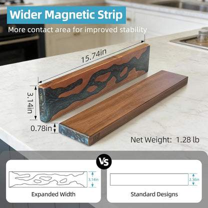 Magnetic Knife Strip for Wall, Solid Acacia Wood with Mineral Blue Resin Inlay, Wall-Mounted Knife Holder with Strong Magnetic Hold, No-Drill Adhesive Mount (12 Inch)