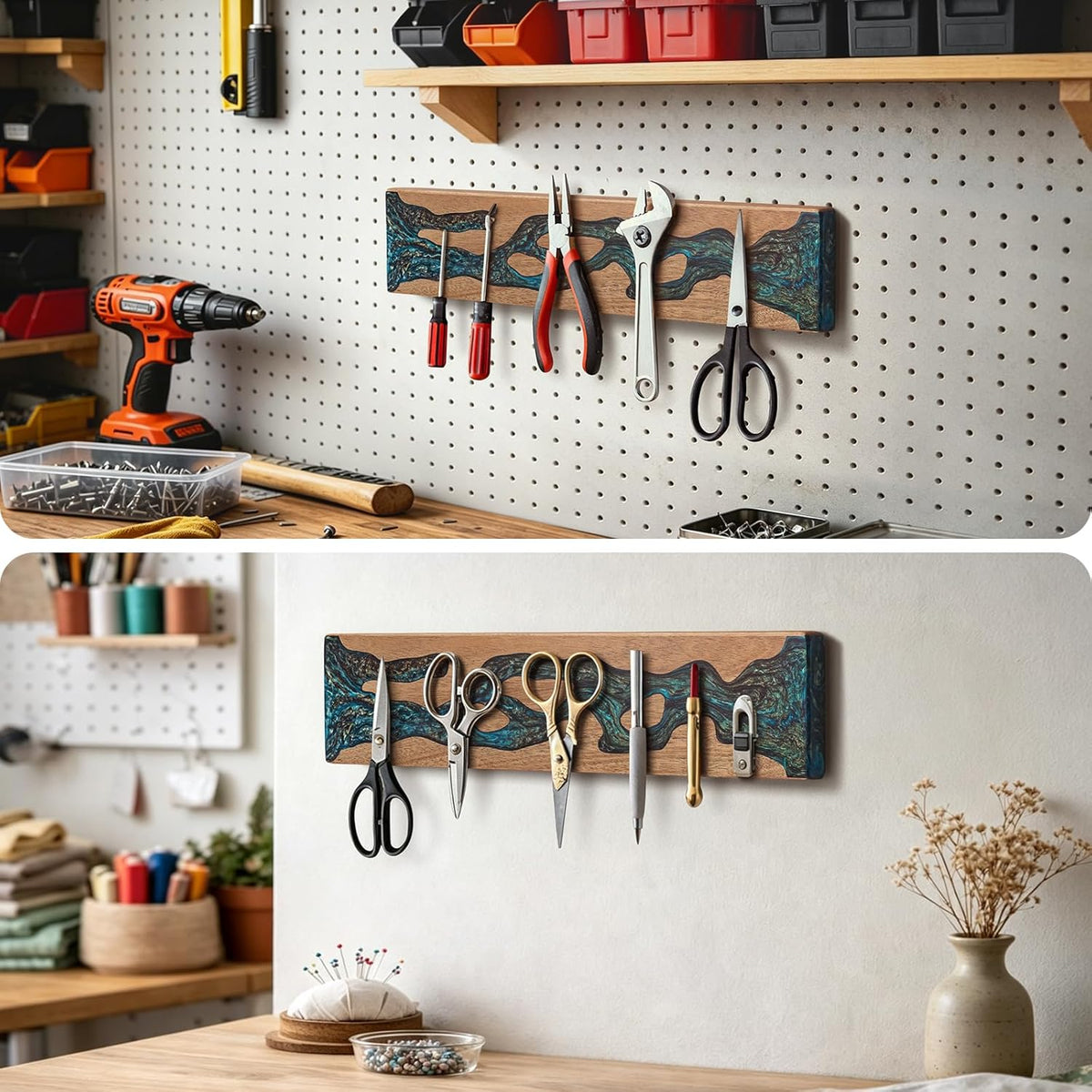 Magnetic Knife Strip for Wall, Solid Acacia Wood with Mineral Blue Resin Inlay, Wall-Mounted Knife Holder with Strong Magnetic Hold, No-Drill Adhesive Mount (12 Inch)
