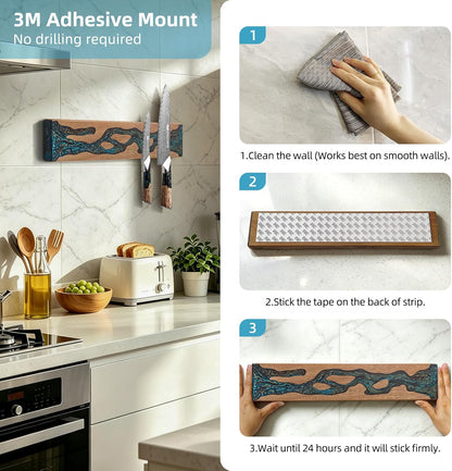 Magnetic Knife Strip for Wall, Solid Acacia Wood with Mineral Blue Resin Inlay, Wall-Mounted Knife Holder with Strong Magnetic Hold, No-Drill Adhesive Mount (12 Inch)