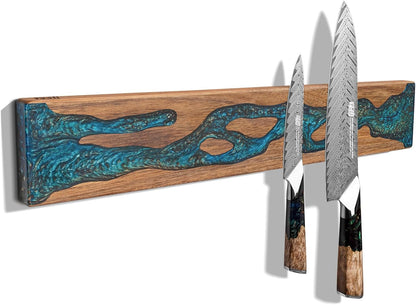 Magnetic Knife Strip for Wall, Solid Acacia Wood with Mineral Blue Resin Inlay, Wall-Mounted Knife Holder with Strong Magnetic Hold, No-Drill Adhesive Mount (12 Inch)