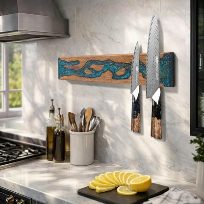 Magnetic Knife Strip for Wall, Solid Acacia Wood with Mineral Blue Resin Inlay, Wall-Mounted Knife Holder with Strong Magnetic Hold, No-Drill Adhesive Mount (12 Inch)