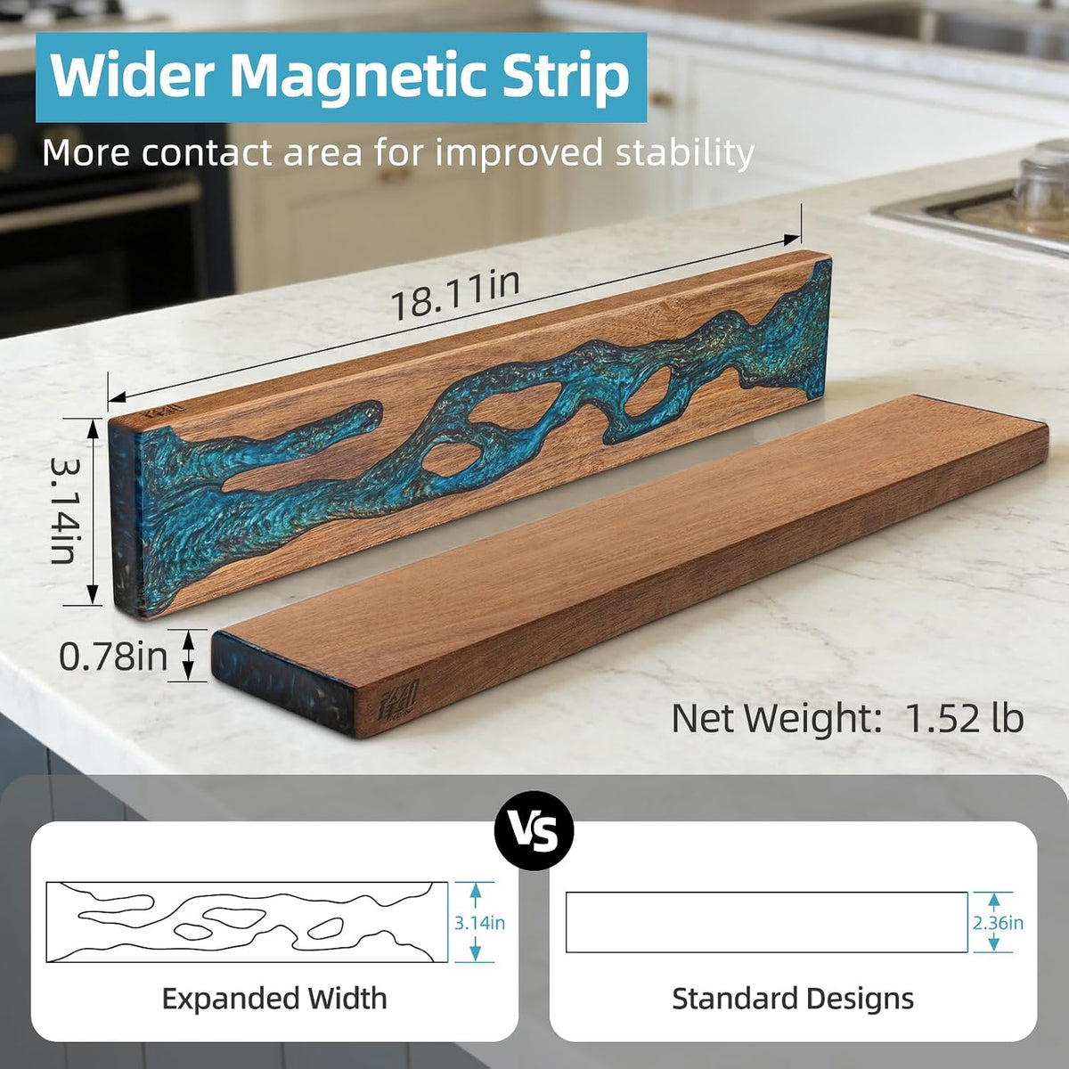 Magnetic Knife Strip for Wall, Solid Acacia Wood with Mineral Blue Resin Inlay, Wall-Mounted Knife Holder with Strong Magnetic Hold, No-Drill Adhesive Mount (12 Inch)