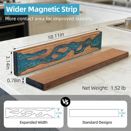 Magnetic Knife Strip for Wall, Solid Acacia Wood with Mineral Blue Resin Inlay, Wall-Mounted Knife Holder with Strong Magnetic Hold, No-Drill Adhesive Mount (12 Inch)