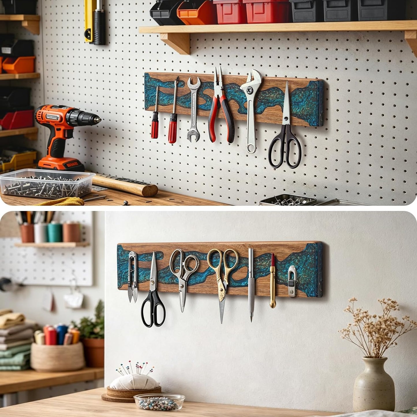 Magnetic Knife Strip for Wall, Solid Acacia Wood with Mineral Blue Resin Inlay, Wall-Mounted Knife Holder with Strong Magnetic Hold, No-Drill Adhesive Mount (12 Inch)
