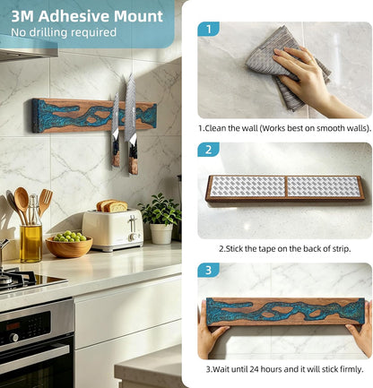 Magnetic Knife Strip for Wall, Solid Acacia Wood with Mineral Blue Resin Inlay, Wall-Mounted Knife Holder with Strong Magnetic Hold, No-Drill Adhesive Mount (12 Inch)