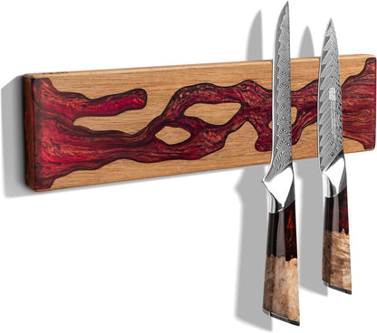 Magnetic Knife Strip for Wall, Solid Acacia Wood with Mineral Blue Resin Inlay, Wall-Mounted Knife Holder with Strong Magnetic Hold, No-Drill Adhesive Mount (12 Inch)