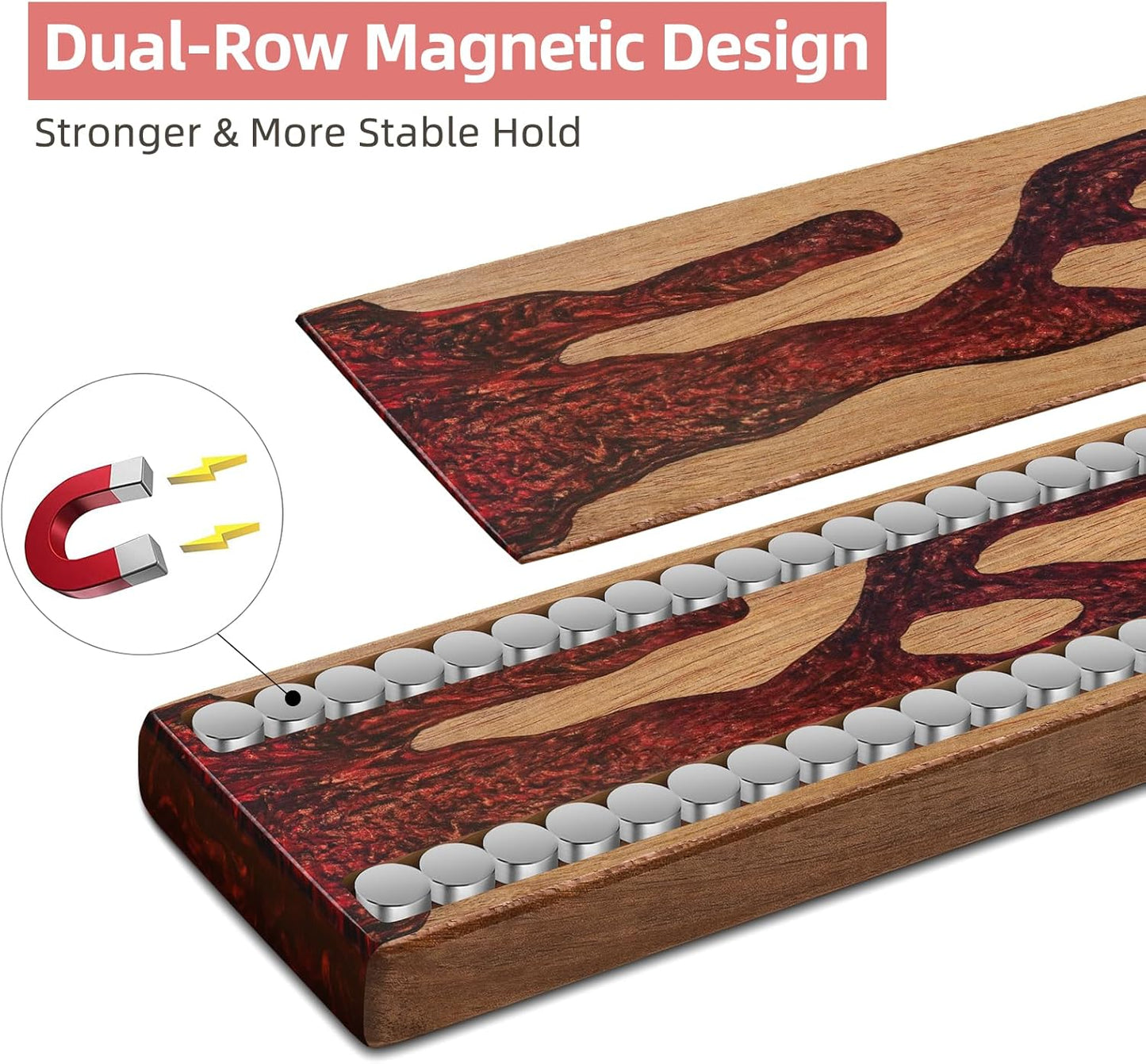 Magnetic Knife Strip for Wall, Solid Acacia Wood with Mineral Blue Resin Inlay, Wall-Mounted Knife Holder with Strong Magnetic Hold, No-Drill Adhesive Mount (12 Inch)