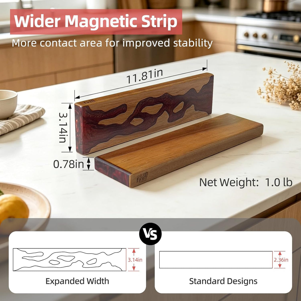 Magnetic Knife Strip for Wall, Solid Acacia Wood with Mineral Blue Resin Inlay, Wall-Mounted Knife Holder with Strong Magnetic Hold, No-Drill Adhesive Mount (12 Inch)