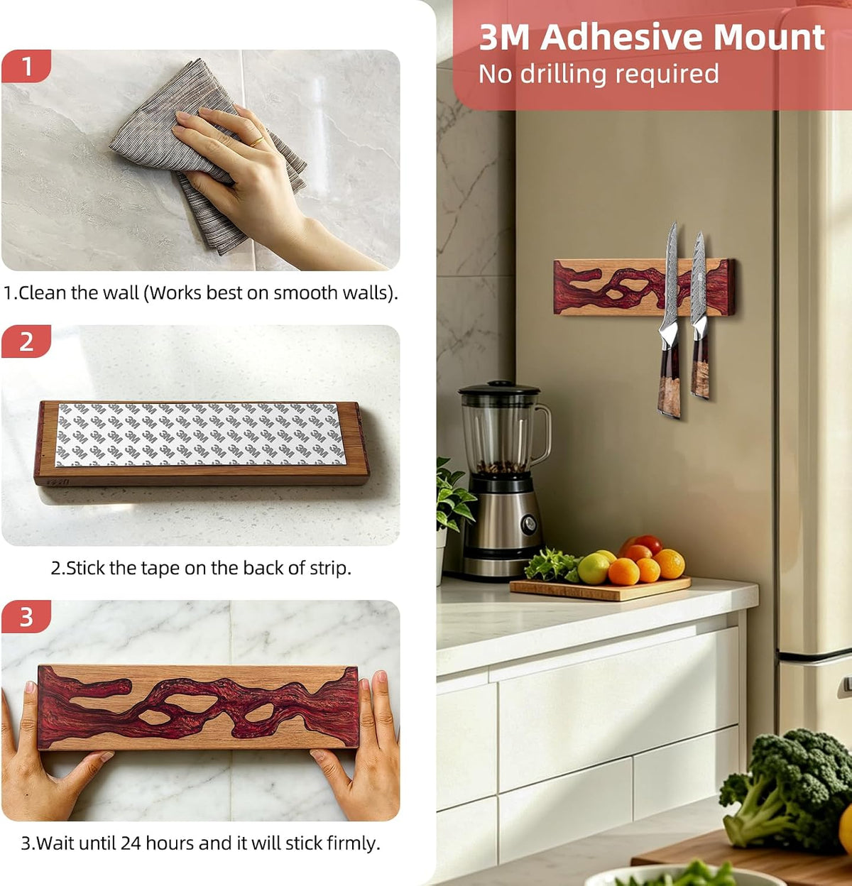 Magnetic Knife Strip for Wall, Solid Acacia Wood with Mineral Blue Resin Inlay, Wall-Mounted Knife Holder with Strong Magnetic Hold, No-Drill Adhesive Mount (12 Inch)