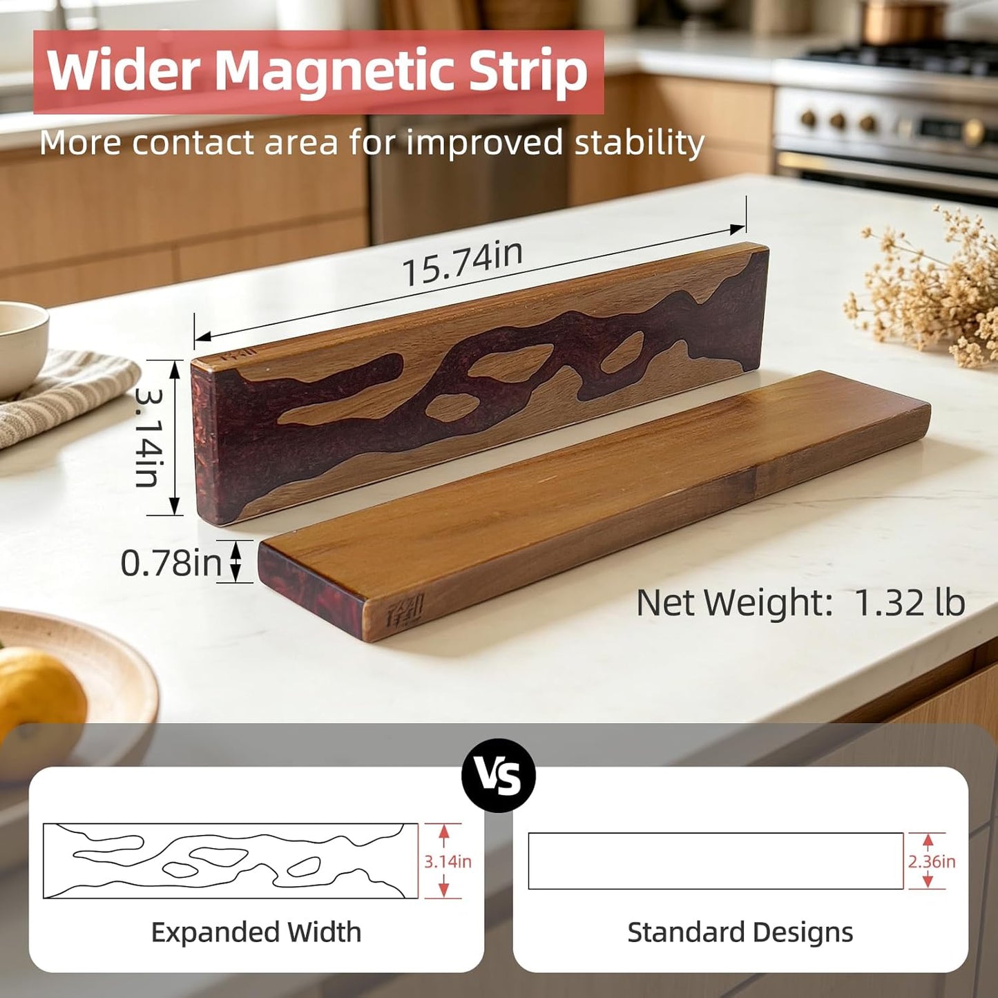 Magnetic Knife Strip for Wall, Solid Acacia Wood with Mineral Blue Resin Inlay, Wall-Mounted Knife Holder with Strong Magnetic Hold, No-Drill Adhesive Mount (12 Inch)