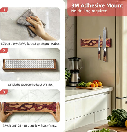 Magnetic Knife Strip for Wall, Solid Acacia Wood with Mineral Blue Resin Inlay, Wall-Mounted Knife Holder with Strong Magnetic Hold, No-Drill Adhesive Mount (12 Inch)
