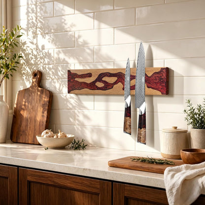 Magnetic Knife Strip for Wall, Solid Acacia Wood with Mineral Blue Resin Inlay, Wall-Mounted Knife Holder with Strong Magnetic Hold, No-Drill Adhesive Mount (12 Inch)