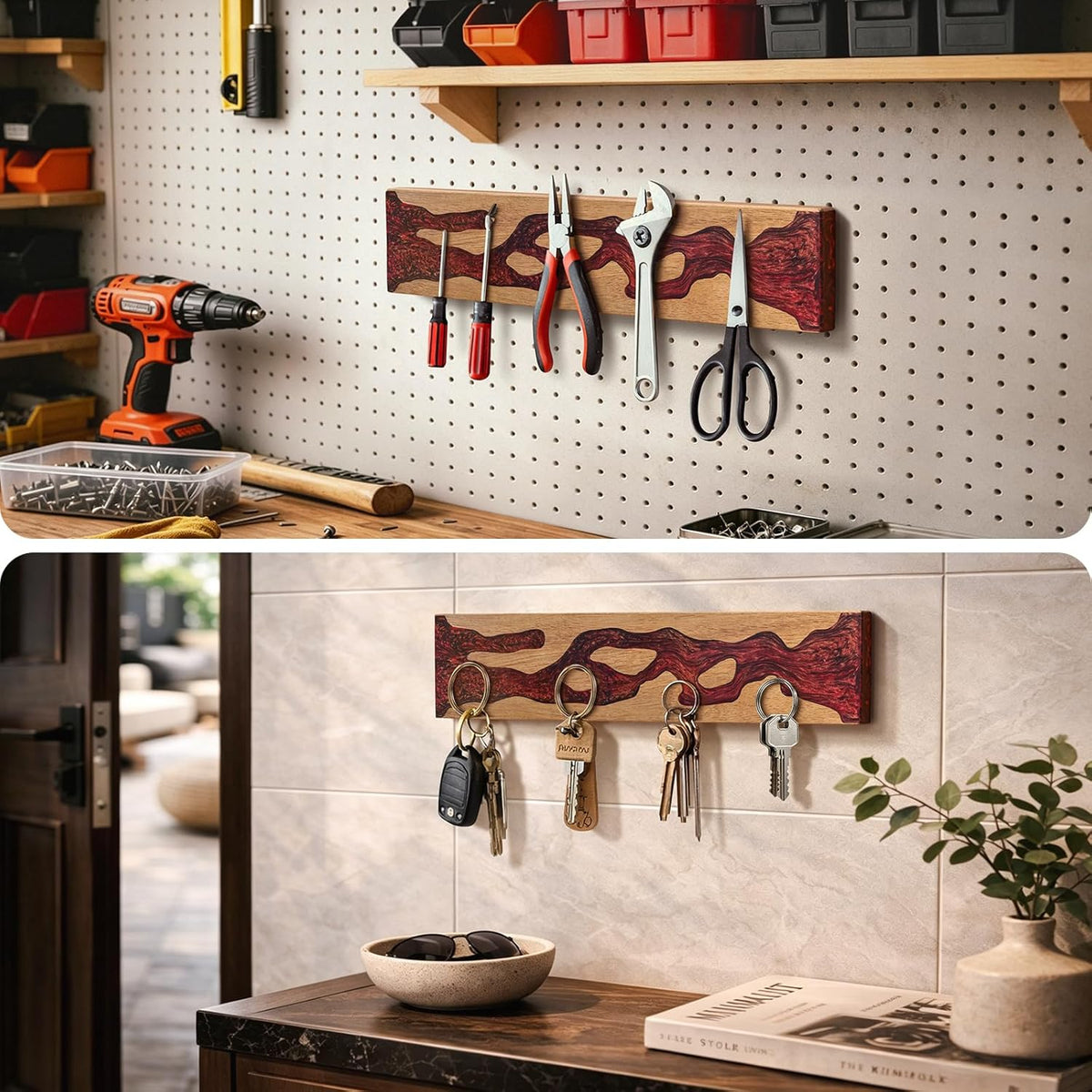Magnetic Knife Strip for Wall, Solid Acacia Wood with Mineral Blue Resin Inlay, Wall-Mounted Knife Holder with Strong Magnetic Hold, No-Drill Adhesive Mount (12 Inch)