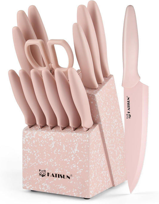 Knife Set, 15 Pieces Knives Sets for Kitchen with Block, Dishwasher Safe Kitchen Knife Set with Built in Sharpener Block, German High Carbon Stainless Steel Knife Block Set with Pink Nonstick Coating